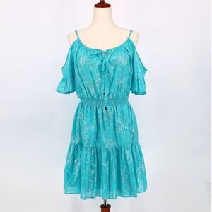 Michael Kors Women Foil Turquoise Cotton Cold-Shoulder Ruffle Mini Dress Size S